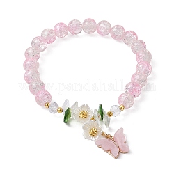 Bracciale elasticizzato con perline rotonde in vetro, braccialetto con ciondoli a forma di farfalla in lega acrilica e fiore in vetro, roso, diametro interno: 2-1/8 pollice (5.4 cm)