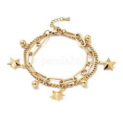 Bracelet multirangs charm étoile et boule ronde, placage sous vide 304 bracelet double chaîne en acier inoxydable pour femme, or, 7-1/2 pouce (19 cm)
