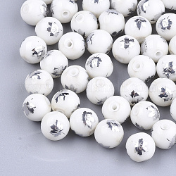 Perles de verre galvanoplastie thème automne, rond avec motif feuille d'érable, couleur d'argent, 8~8.5mm, Trou: 1.5mm