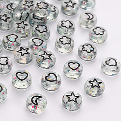 Transparent Clear Acrylic Beads, with Glitter Powder, Flat Round with Black Moon & Heart & Flower & Star, 7x3.5mm, Hole: 1.5mm, about 3600pcs/500g