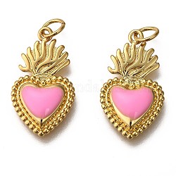 Colgantes de esmalte de latón en tono dorado, con anillos de salto, Plateado de larga duración, corazón, rosa perla, 22x12x3mm, agujero: 3.5 mm