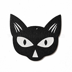 Pendenti grandi in legno stampato monofacciale, ciondoli di Halloween, nero, forma di gatto, 61x63.5x2.5mm, Foro: 3 mm