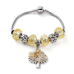 Bracelets de style européen en laiton , avec verre à la main perles européennes, pendentifs et perles en alliage de style tibétain, chips perles en citrine naturelle, arbre, 7-1/2 pouce (192 mm)