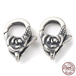 925 Thailand Sterling Silver Lobster Claw Clasps, Flower, with 925 Stamp, Antique Silver, 13.5~14x9x4.5mm, Hole: 1.4mm