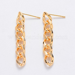 Brass Curb Chains Ear Studs, with Stainless Steel Pins, Nickel Free, Real 18K Gold Plated, 37x6mm, Pin: 0.8mm