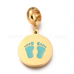 Ion Plating(IP) 304 Stainless Steel European Dangle Charms, with Enamel, Large Hole Pendants, Flat Round with Baby Feet, Golden, Medium Turquoise, 25mm, Hole: 4.5mm, Pendant: 16x14x1.3mm