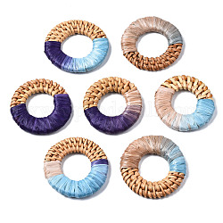 Плетеные кольца из тростника / ротанга ручной работы, с рафией, для изготовления соломенных сережек и ожерелий, пончик, красочный, 39~44x4~6 мм, отверстие : 17~22 мм