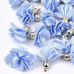 Ciondoli di stoffa, con plastica ccb, 6 -petal, fiore, oro, blu fiordaliso, 26~27x17~28mm, Foro: 1.6 mm