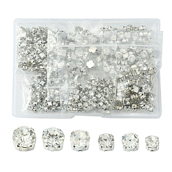 360pcs 6 estilo coser en rhinestone, Diamantes de imitación de cristal, abalorios montee, con ajustes de puntas de latón, accesorios de prendas de vestir, plano y redondo, Platino, 4.3~8x4~6mm
