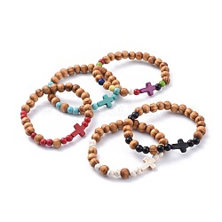 Bracciali stende, con perline di legno e perline turchesi sintetiche (tinte)., croce, colore misto, 2-1/8 pollice (5.5 cm)