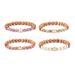 Natural Wood Round Beads Stretch Bracelet, Mixed Stone Beads Bracelet, Oval with Cross Beads Bracelet for Women, Golden, Inner Diameter: 2-1/8 inch(5.5cm)