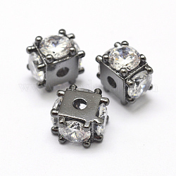 Brass Micro Pave Grade AAA Cubic Zirconia Beads, Cube, Lead Free & Nickel Free & Cadmium Free, Gunmetal, 6x8x8mm, Hole: 1.5mm