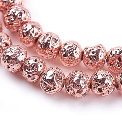 Fili di perle di roccia lavica naturale elettrodeposta, tondo, accidentato, placcato oro rosa, 6~7mm, Foro: 1 mm,circa66pcs/filo, 15.35 pollici (39 cm)
