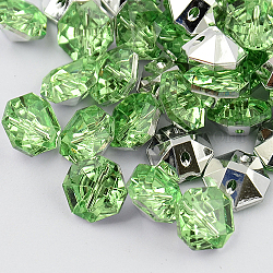 2-Hole Taiwan Acrylic Rhinestone Octagon Buttons, Faceted & Silver Plated Pointed Back, Light Green, 11x10x6mm, Hole: 1mm