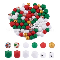 101Pcs Christmas Silicone Beads, DIY Nursing Necklaces and Bracelets Making, Chewing Pendants For Teethers, Round & Hexagon & Letter, Mixed Color, 12~17mm