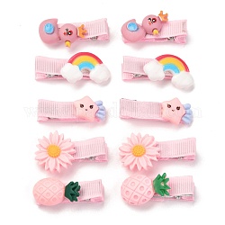 Iron Alligator Hair Clips Sets for Kids, with Cloth & Acrylic Cabochons, Flower & Duck & Rainbow & Star & Pineapple, Pink, 36~41x14.5~18x10~15mm, 10pcs/set