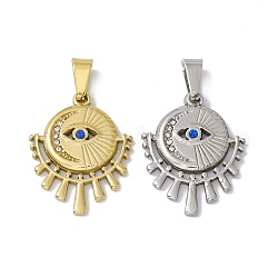 304 Stainless Steel Pendants, with Rhinestone, Flat Round with Horse Eye, Mixed Color, 24.5x19.5x2mm, Hole: 6.5x3mm