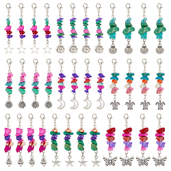 WADORN 12 Sets 3 Style Tibetan Style Alloy Pendant Decorations, with 7 Chakra Synthetic Turquoise Beads and Alloy Lobster Claw Clasps, Antique Silver & Platinum, 61~64mm, 4 sets/style