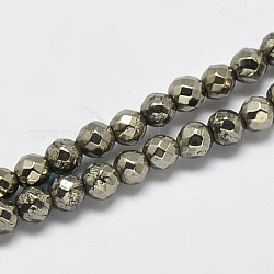 Natural Pyrite Round Beads Strands, Faceted, Grade A, 4mm, Hole: 1mm, about 100pcs/strand, 14.96~15.16 inch(38~38.5cm)