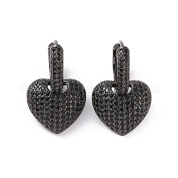 Серьги-кольца с кубическим цирконием в форме сердца, украшения из латуни для женщин, без кадмия, без никеля и без свинца, металлический черный, 24 мм, штифты : 0.8 мм
