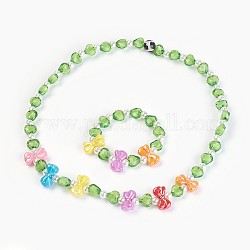 (venta de fábrica de fiestas de joyería) conjuntos de joyas para niños con cuentas acrílicas, pulseras y collares elásticos, bowknot y el corazón, verde amarillo, 1-5/8 pulgada (4.3 cm), 19.29 pulgada (49 cm)