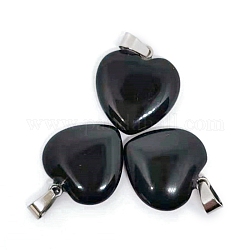 Pendentifs en obsidienne naturelle de la Saint-Valentin, Breloques cœur avec fermoirs en métal plaqué platine, 20mm