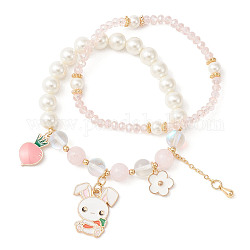 Set di braccialetti elasticizzati con perline di vetro e perle di conchiglia in stile pasquale da 2 pz, braccialetti impilabili in lega di coniglio smaltato e fiore, roso, diametro interno: 2 pollice (2-1/8 cm), 5.5pc / style