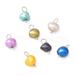 Dyed Natural Cultured Freshwater Pearl Charms, Two Sides Polished, with Brass Loops, Mixed Color, Platinum, 11.5~12.5x7~8x4~6mm, Hole: 2.2mm