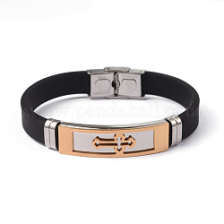 304 Edelstahl-Silikon-Armbänder, Armband mit Schnallen, Kreuz, goldenen und Edelstahl Farbe, 215x10x3 mm