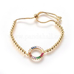 Bracelets réglables en laiton à zircon cubique, bracelets bolo, avec des chaînes et des perles rondes, anneau, or, colorées, 10-1/4 pouce (26 cm)