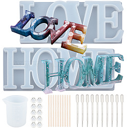 SUNNYCLUE Word Sign Molds Love Home Silicone Mold Epoxy Resin Molds with Measuring Cup Birch Wooden Craft Sticks Latex Finger Cots Plastic Transfer Pipette for Epoxy Craft DIY Table Decoration