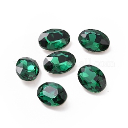 Glass Rhinestone Cabochons, Pointed Back & Silver Back Plated, Oval, Emerald, 14x10x5mm