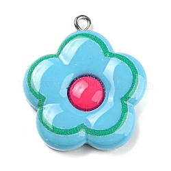 Opaque Resin Pendants, Flower Charms, with Platinum Tone Iron Loops, Light Sky Blue, 29x26x6mm, Hole: 1.6mm