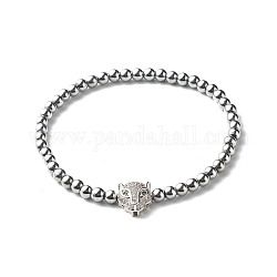 Bracelet extensible en hématite synthétique non magnétique de puissance énergétique pour hommes et femmes, bracelet léopard en laiton micro pavé de perles de zircone cubique, couleur d'argent, diamètre intérieur: 2-1/4~2-3/8 pouce (5.8~6 cm)
