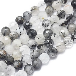 Quartz naturel tourmaliné / perles de quartz rutile noires, facette, ronde, 6mm, Trou: 0.8mm, environ 70 pcs / brin, 15.75 pouce (40 cm)