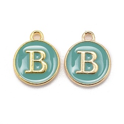 Golden Plated Alloy Enamel Charms, Cadmium Free & Lead Free, Enamelled Sequins, Flat Round with Letter, Turquoise, Letter.B, 14x12x2mm, Hole: 1.5mm