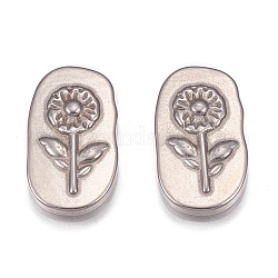304 Stainless Steel Cabochons, Round Corner Rectangle with Flower, Stainless Steel Color, 18x10x2mm