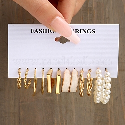 Aretes de aleación rectangulares y ondulados, pendientes de medio aro con perlas de imitación para mujer, dorado, 20~49mm, 6 estilos, 1 par / estilo, 6 pares / set