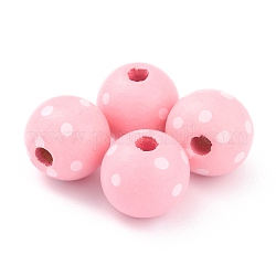 Gefärbte natürliche Holzperlen, Makramee-Perlen großes Loch, rund mit Tupfen, rosa, 16x15 mm, Bohrung: 4 mm
