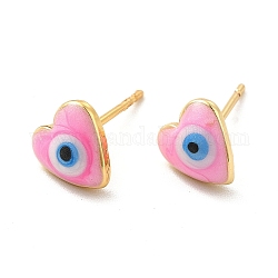 Boucles d'oreilles coeur en émail avec mauvais œil, véritables bijoux en laiton plaqué 18k or véritable pour femmes, perle rose, 8x8mm, pin: 0.7 mm