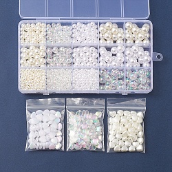 Kit di ricerca per la creazione di gioielli con perline fai da te, tra cui imitazione perla e tondo e cuore e acrilico trasparente e perline di plastica abs, bianco, 4~10x4~10x3~10mm, Foro: 1.5~2.5 mm, 1197 pc / set