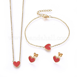 304 Stainless Steel Jewelry Sets, Pendant Necklaces & Stud Earrings & Bracelets, with Enamel, Heart, Red, Golden, 15.75 inch(40cm), 6-3/4 inch(17cm), 9x10x2mm, Pin: 0.8mm