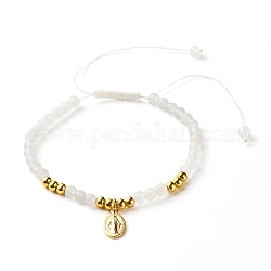 Bracciale rotondo con perline intrecciate in giada bianca naturale per donna ragazza, bracciale ovale con charm in ottone vergine maria, oro, diametro interno: 2-1/8~4-1/4 pollice (5.3~10.8 cm)