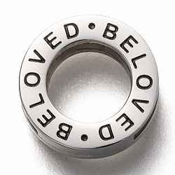 304 Stainless Steel Slide Charms, Flat Round with Word Beloved, Stainless Steel Color, 12x3.5mm, Hole: 8mm