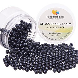 Pandahall Elite 400 Stk. Perlmutt Glas Perle runde Perlen für die Schmuckherstellung, gefärbt, schwarze Farbe, 6 mm, Bohrung: 1 mm