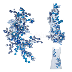 Benecreat 2 pièces 3d patchs de perles de fleurs bleues, Garnitures en dentelle brodées avec paillettes et patch en strass pour robe de mariée, bricolage, accessoires de vêtements