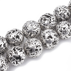 Electroplated Natural Lava Rock Beads Strands, Round, Silver Plated, 8~9mm, Hole: 1mm, about 46pcs/strand, 14.76 inch