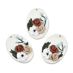 Handmade Fimo Anhänger, oval mit Rosenblüten, weiß, 34.5~36x24.5~25.5x6.5~8 mm, Bohrung: 1.8 mm