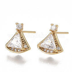 Brass Stud Earring Findings, with Loop, Cubic Zirconia, Nickel Free, Real 18K Gold Plated, Fan, Clear, 10x9mm, Hole: 0.8mm, Pin: 0.8mm