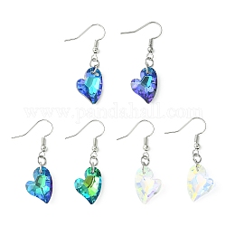 Heart Faceted Glass Dangle Earrings, Platinum Tone Brass Earring for Women, Mixed Color, 39x18mm